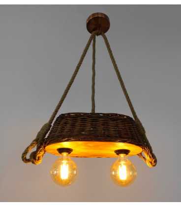Wicker basket, wood and rope pendant light 394